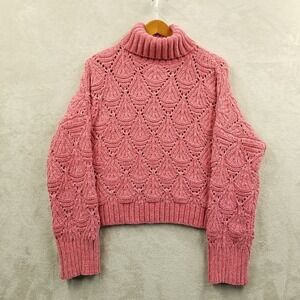 POL‎ Sweater Women L Pink Chenille Boxy Crop Oversized Chunky 3D Knit Turtleneck